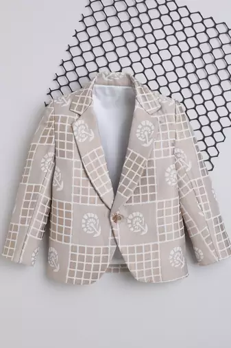 Cream jacquard woven checks blazer