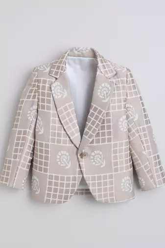 Cream jacquard woven checks blazer