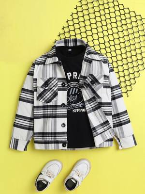 White cotton plaid shacket with printed tshirt 1