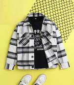 White cotton plaid shacket with printed tshirt