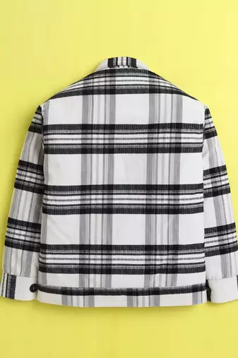 White cotton plaid shacket with printed tshirt