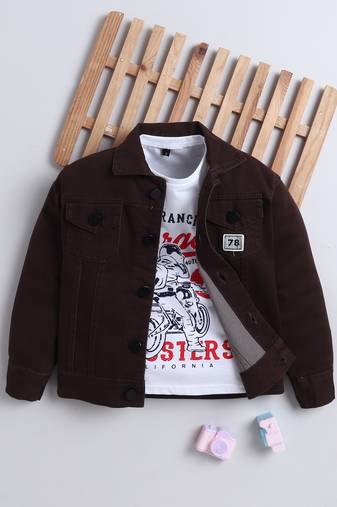 Brown denim printed jacket with t-shirt