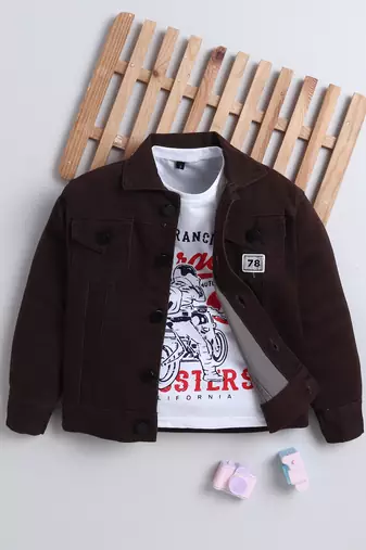 Brown denim printed jacket with t-shirt