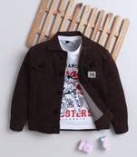 Brown denim printed jacket with t-shirt