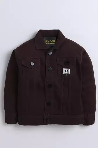 Brown denim printed jacket with t-shirt