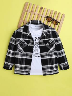 Black cotton plaid shacket with printed tshirt 1