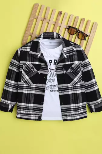 Black cotton plaid shacket with printed tshirt