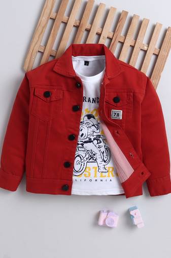 Rust orange denim printed jacket with t-shirt