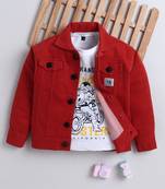 Rust orange denim printed jacket with t-shirt