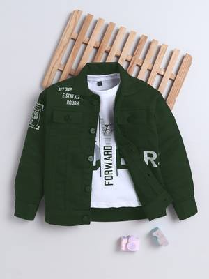 Bottle green denim printed jacket with t-shirt 1