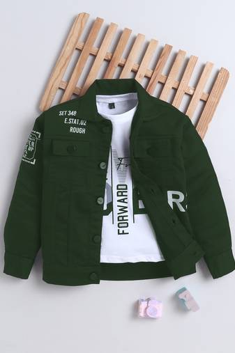 Bottle green denim printed jacket with t-shirt