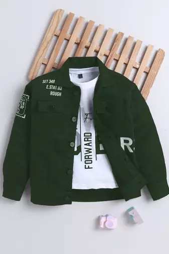 Bottle green denim printed jacket with t-shirt