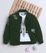 Bottle green denim printed jacket with t-shirt