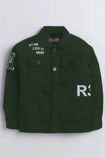 Bottle green denim printed jacket with t-shirt
