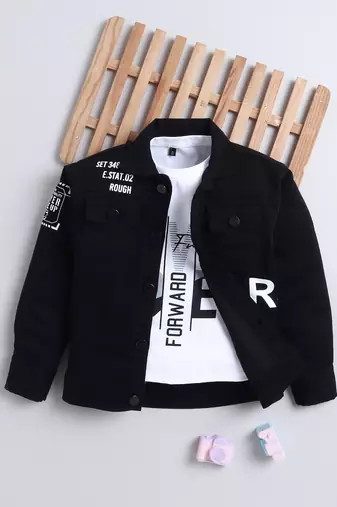 Black denim printed jacket with t-shirt