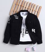 Black denim printed jacket with t-shirt