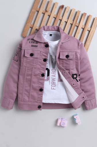 Onion pink denim printed jacket with t-shirt