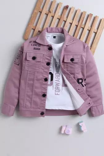 Onion pink denim printed jacket with t-shirt