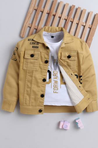 Mustard denim printed jacket with t-shirt