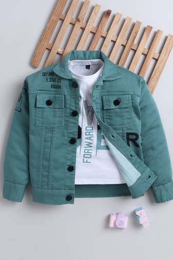 Mint green denim printed jacket with t-shirt