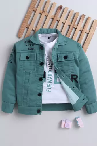 Mint green denim printed jacket with t-shirt