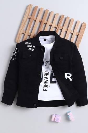 Black denim printed jacket with t-shirt