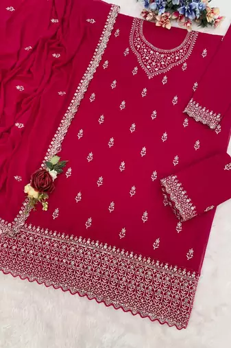 Pink georgette Embroidered Salwar suit-Full Stitched Free size