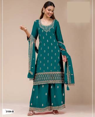 Teal georgette Embroidered Salwar suit-Full Stitched Free size 1