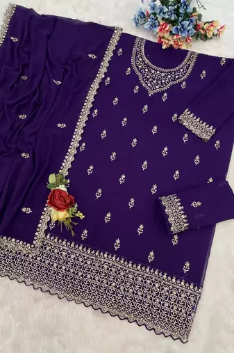 Purple georgette Embroidered Salwar suit-Full Stitched Free size