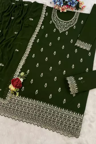 Green georgette Embroidered Salwar suit-Full Stitched Free size