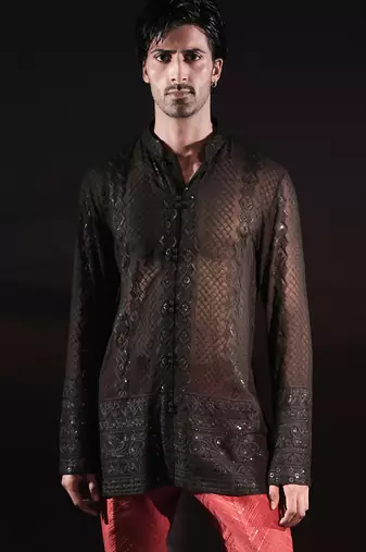 Black embroidered georgette kurta