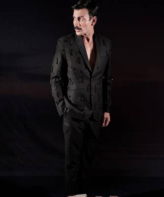 Black embroidered wool blazer set 1