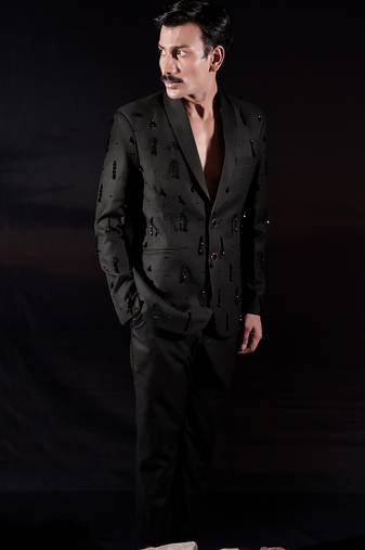 Black embroidered wool blazer set