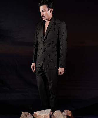 Black embroidered wool blazer set 2