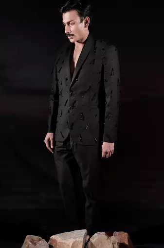 Black embroidered wool blazer set