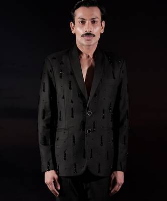 Black embroidered wool blazer set 4