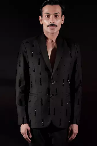 Black embroidered wool blazer set
