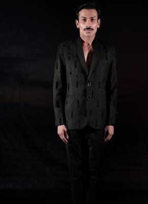 Black embroidered wool blazer set 5