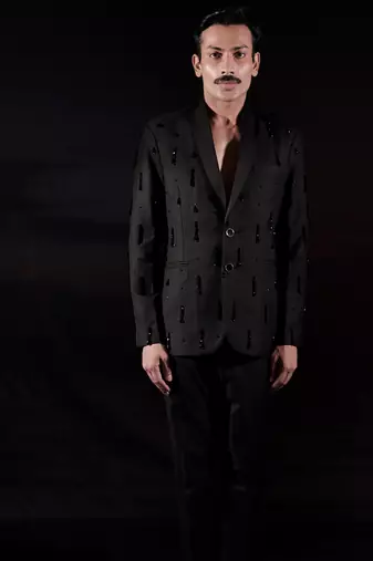 Black embroidered wool blazer set
