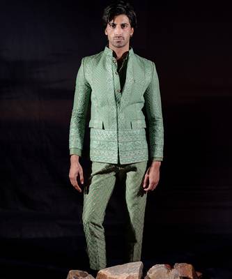 Green embroidered georgette bandhgala set 1