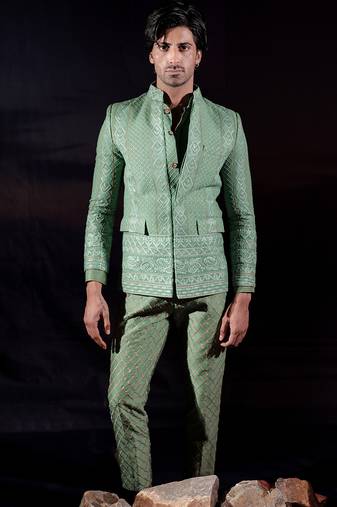 Green embroidered georgette bandhgala set