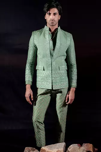 Green embroidered georgette bandhgala set