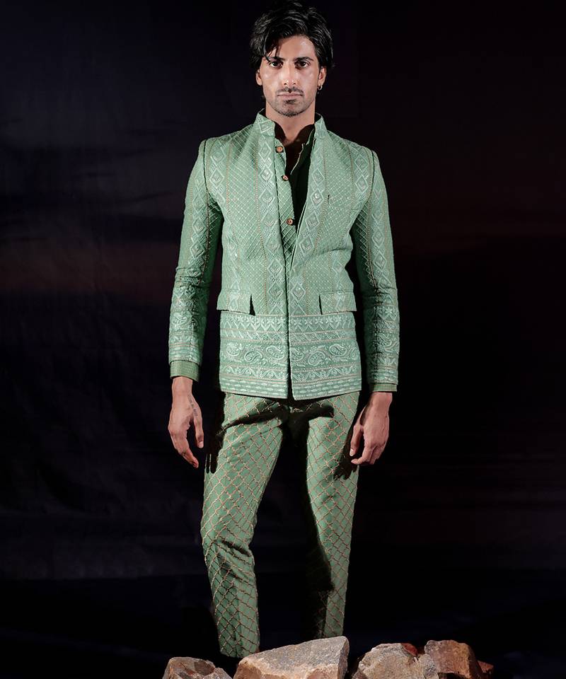 Green embroidered georgette bandhgala set