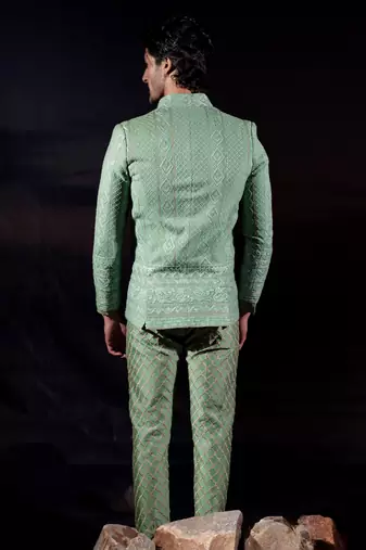 Green embroidered georgette bandhgala set