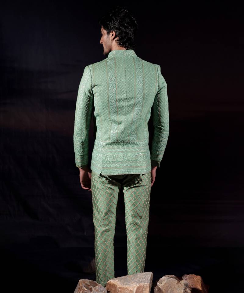 Green embroidered georgette bandhgala set