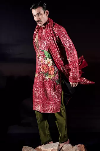 Red printed georgette kurta set