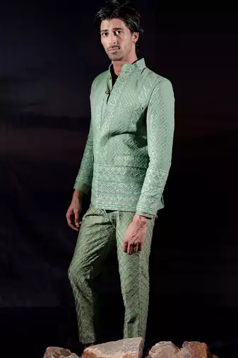 Green embroidered georgette bandhgala set