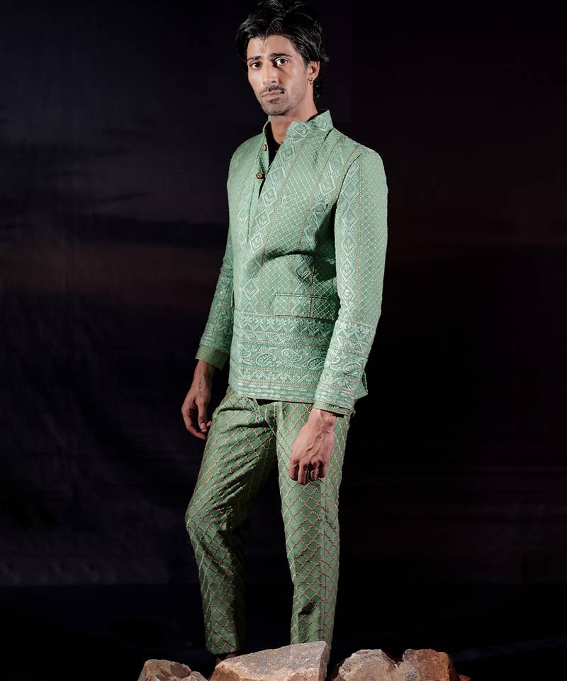 Green embroidered georgette bandhgala set