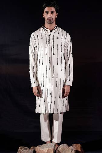 White embroidered silk kurta set