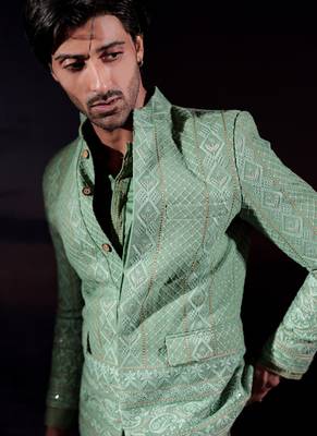 Green embroidered georgette bandhgala set 4